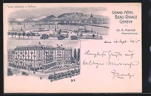 Künstler-AK Genève, Grand Hotel Beau-Rivage Ch. A. Mayer, Vue depuis l`Hotel