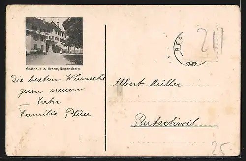 Künstler-AK Regensberg, Ortsansichten von 1298 und 1898, rückseitig Gasthaus zur Krone