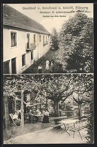 AK Möhlin, Riburg, Gasthof-Soolbad zum Schiff E. Ackermann, Partien aus dem Garten mit Gästen