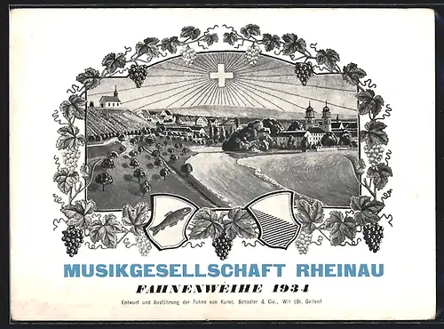 Künstler-AK Rheinau, Ortsansicht mit strahlendem Kreuz, Anlasskarte Fahnenweihe der Musikgesellschaft 1934