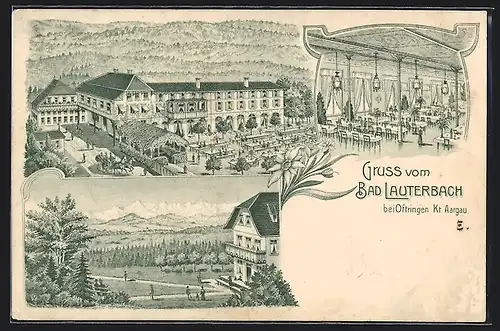 Lithographie Oftringen, Bad Lauterbach, Ortsansicht mit Hotel, Bklick in den Speisesaal