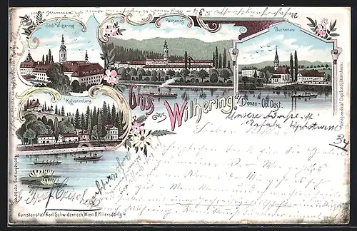 Lithographie Wilhering /Donau, Stift, Buchenau, Kalvarienberg