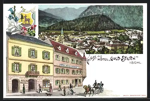 Lithographie Ischl, Ortsansicht mit Hotel Gold Stern