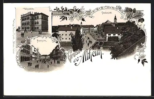 Lithographie Altheim, Marktplatz, Volksschule, Strassenpartie im Ort
