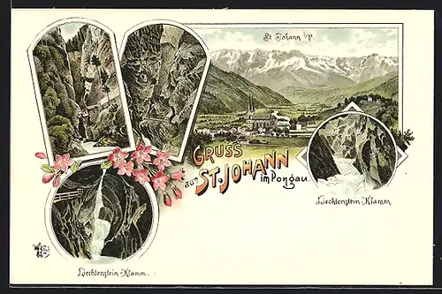 Lithographie St. Johann im Pongau, Teilansicht, Liechtenstein-Klamm, Ortspartie