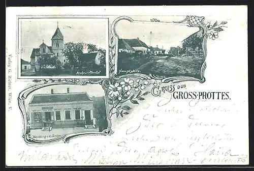 AK Prottes, Gross-Prottes, Handlung v. G. Jordan, Kirche mit Pfarrhof, Hauptplatz