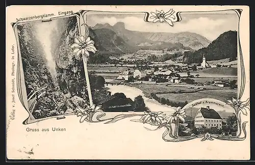 AK Unken, Totalansicht, Schwarzbergklamm Eingang, Gasthof z. Krammerwirt