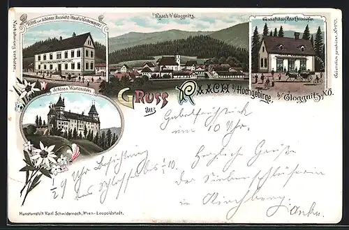 Lithographie Raach a. Hochgebirge b. Gloggnitz, Hotel Zur schönen Aussicht, Schloss Wartenstein, Geschäftshaus