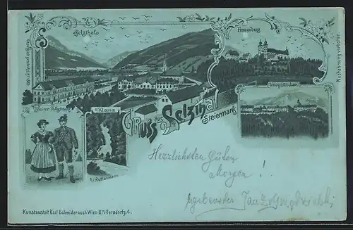 Lithographie Selzthal, Klamm, Frauenberg, Schloss Strechau