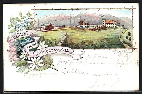 Vorläufer-Lithographie Gaisbergspitze, 1892, Gasthaus von F. Pflauder