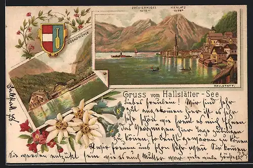 Vorläufer-Lithographie Hallstatt, 1893, Ortsansicht gegen Hierlatz und Zwölferkogel, Gosau Mühlr, Wappen