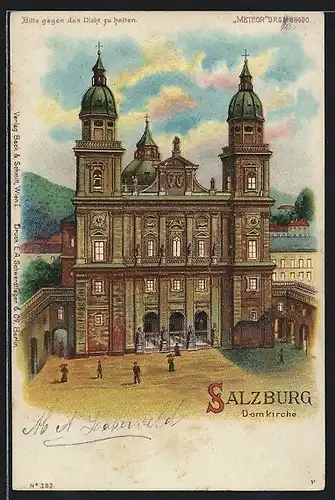 Lithographie Salzburg, Domkirche, Halt gegen das Licht: Mondschein und beleuchtete Fenster