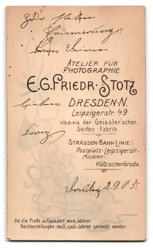 Fotografie E. G. Fr. Stotz, Dresden, junger Mann Franz im Anzug mit Fliege, 1905