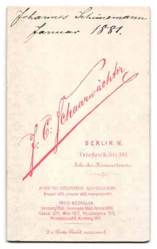 Fotografie J. C. Schaarwächter, Berlin, kleiner Knabe Johannes Schünemann im Januar 1881