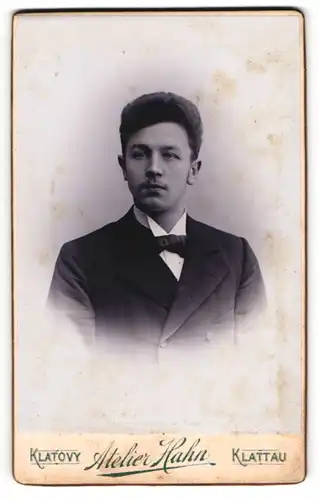 Fotografie Atelier Hahn, Klattau, junger Mann Ant. Sauer im dunklen Anzug, 1908