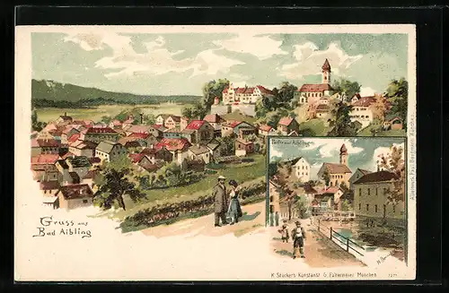 Lithographie Bad Aibling, Ortsansicht mit Kirche, Ortspartie mit Spaziergänger