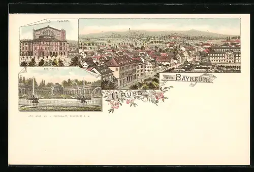 Lithographie Bayreuth, Theater, Eremitage und Stadtansicht