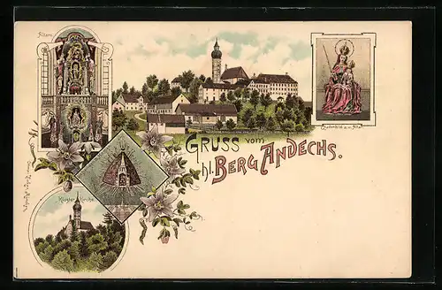 Lithographie Andechs, Kloster Hl. Berg, Altare, Klosterkirche, Gnadenbild am unteren Altar