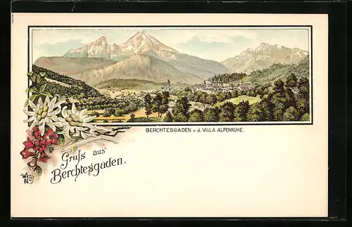 Lithographie Berchtesgaden, Teilansicht v. d. Villa Alpenruhe