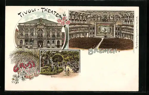 Lithographie Bremen, Tivolitheater mit Innenansicht und Garten