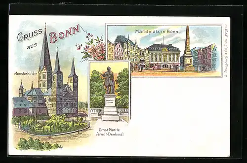 Lithographie Bonn, Marktplatz, Ernst Moritz Arndt-Denkmal, Münsterkirche