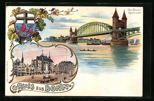 Lithographie Bonn, Neue Rheinbrücke, Ansicht vom Marktplatz