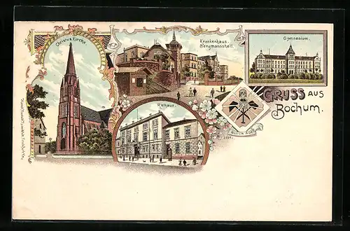 Lithographie Bochum, Krankenhaus Bergmannsheil, Rathaus und Christus-Kirche