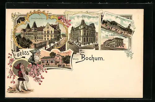 Lithographie Bochum, Gasthaus Schützenhof, Städtische Turnhalle, Berg. Märk. Bahnhof