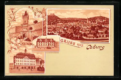 Lithographie Coburg, Regierungsgebäude, Thorburg, Rathaus