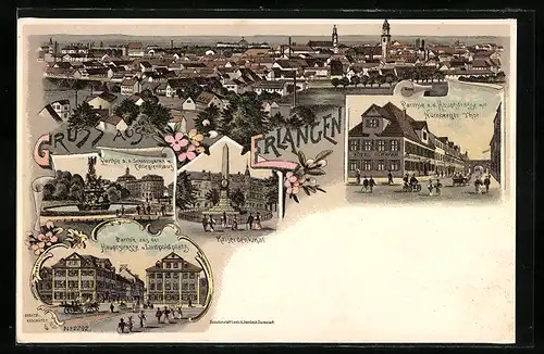 Lithographie Erlangen, Schlossgarten mit Kollegienhaus, Hauptstrasse, Luitpoldplatz, Hotel Schwan am Nürnberger Tor
