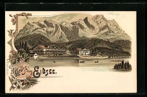 Lithographie Eibsee, Seepartie mit Alpenpanorama