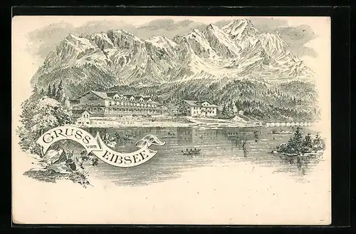 Lithographie Eibsee, Seeblick zum Gasthaus mit Gebirgslandschaft