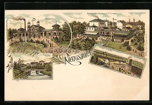 Lithographie Königsborn, Kurgarten, Kurhaus & Theater, Gradirwerk, Badehaus