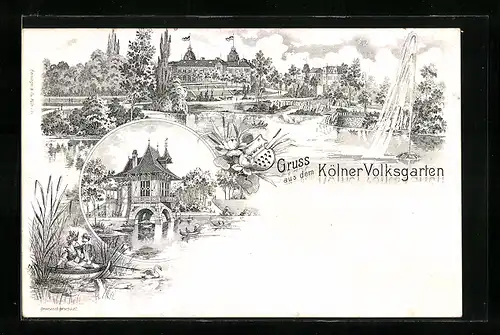 Lithographie Köln-Neustadt, Kölner Volksgarten mit Fontäne & Gartenpartie