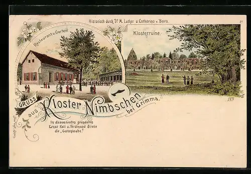 Lithographie Nimbschen, Restaurant Kloster Nimbschen, Klosterruine