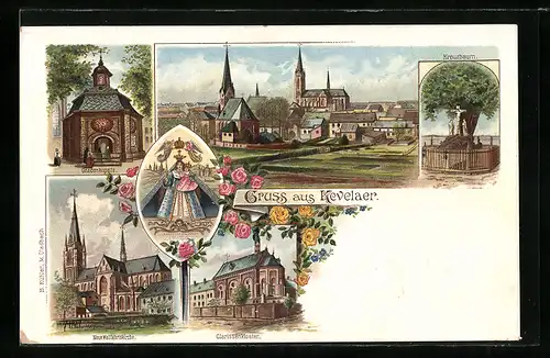 Lithographie Kevelaer, Panorama, Kreuzbaum, Gnadenkapelle & Clarissenkloster