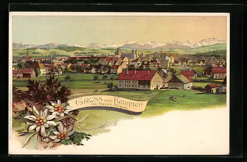 Lithographie Kempten i. Allgäu, Ortsansicht aus der Vogelschau, Edelweiss