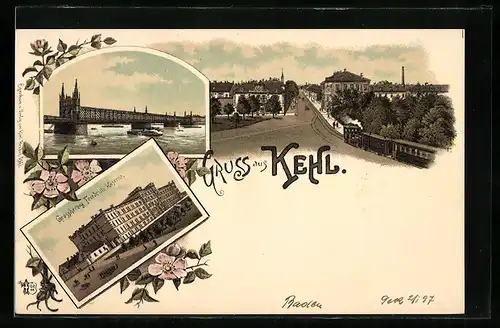 Lithographie Kehl, Grossherzog Friedrich Kaserne, Strassenpartie, Brücke