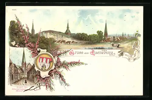 Lithographie Lüneburg, Panorama, Hinter der Altenbrücker Mauer, Stadtwappen