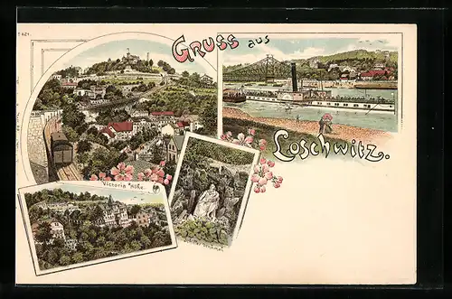 Lithographie Dresden-Loschwitz, Elbpartie mit Dampfer Carola, Victoria Höhe und Schiller Denkmal