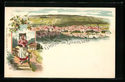 Lithographie Lörrach, Mädchen in Tracht, Ortsansicht aus der Vogelschau