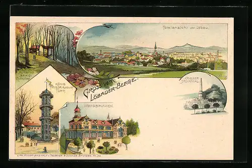 Lithographie Löbau, Totalansicht, Kriegerdenkmal, Honigbrunnen