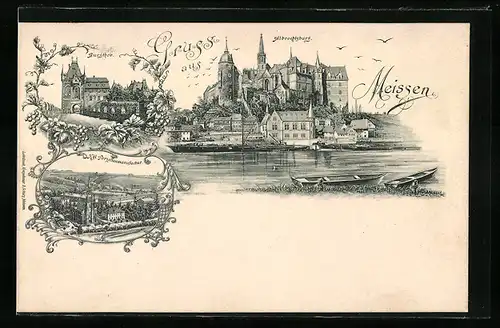 AK Meissen, Kgl. Porzellanmanufactur, Albrechtsburg von der Elbe aus