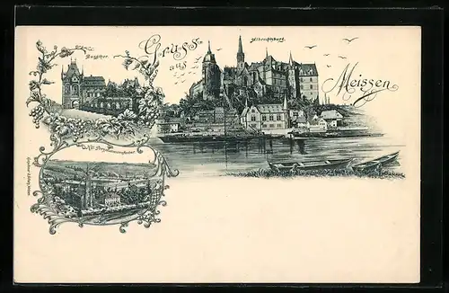 Lithographie Meissen, Albrechtsburg, Burgthor, Kgl. Porzellanmanufaktur