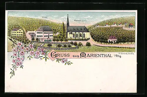 Lithographie Marienthal i. Rhg., Ortsansicht mit der Wallfahrts-Kirche und dem Kloster