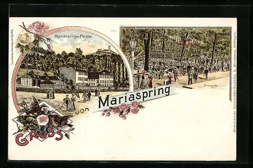 Lithographie Mariaspring, Mariaspring mit Plesse, Anlagen