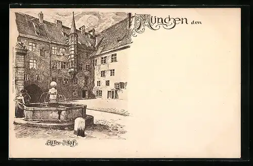 Lithographie München, Brunnen am Alten Hof