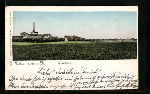 AK Walschleben i. Th., Ansicht der Zuckerfabrik, mit leuchtenden Fenstern