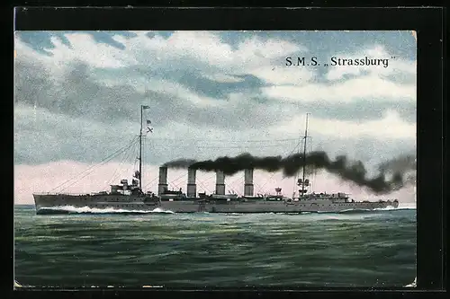 AK Kriegsschiff SMS Strassburg bei voller Fahrt
