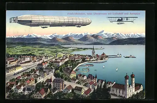 AK Friedrichshafen a. B., Neue Uferstrasse mit Zeppelin und Flugzeug